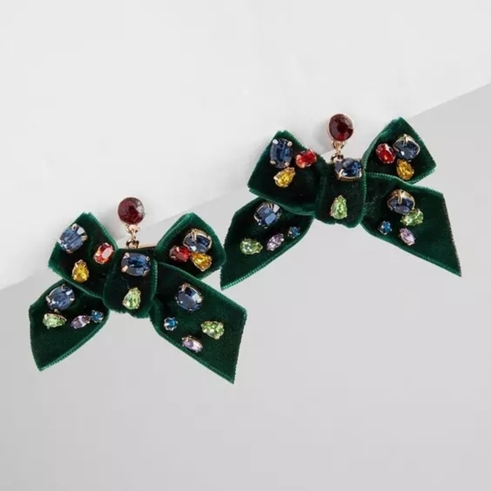 Elegant Green Bow Earrings with Multicolored Gems